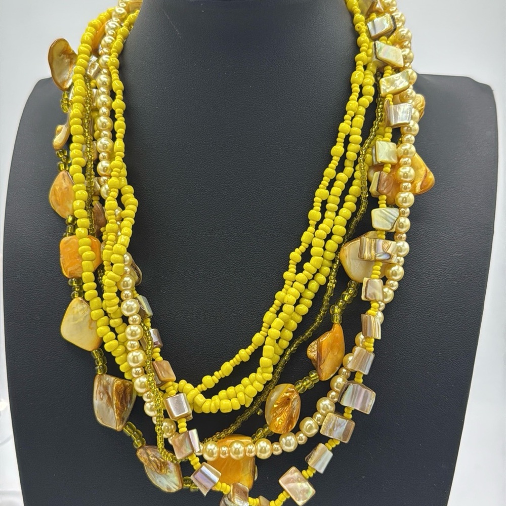 Yellow Multi-Strand Mother of Pearl, Abalone & faux pearl Beaded Necklace